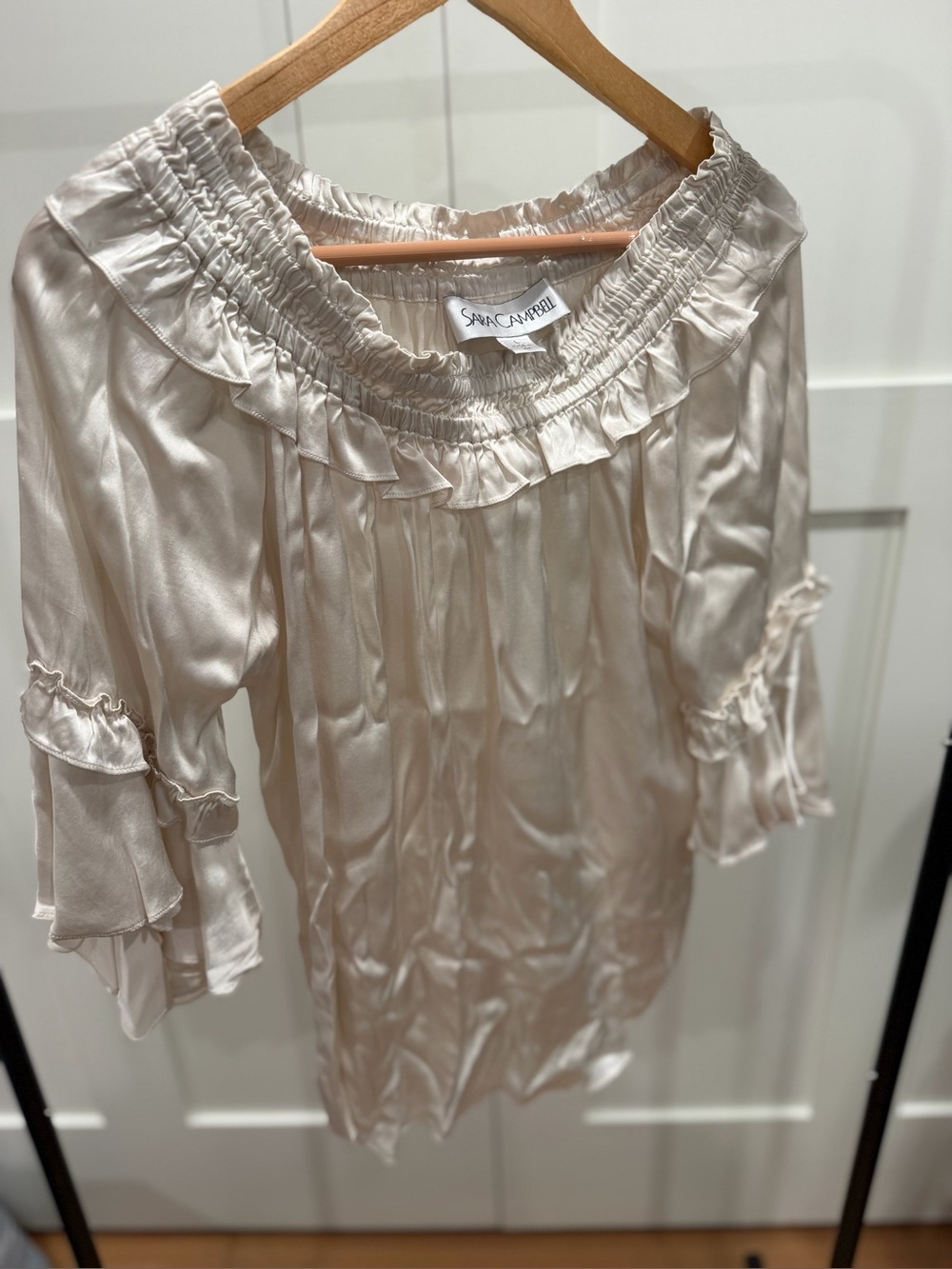 Sara Campbell Champagne Satin Ruffle Off-Shoulder Blouse